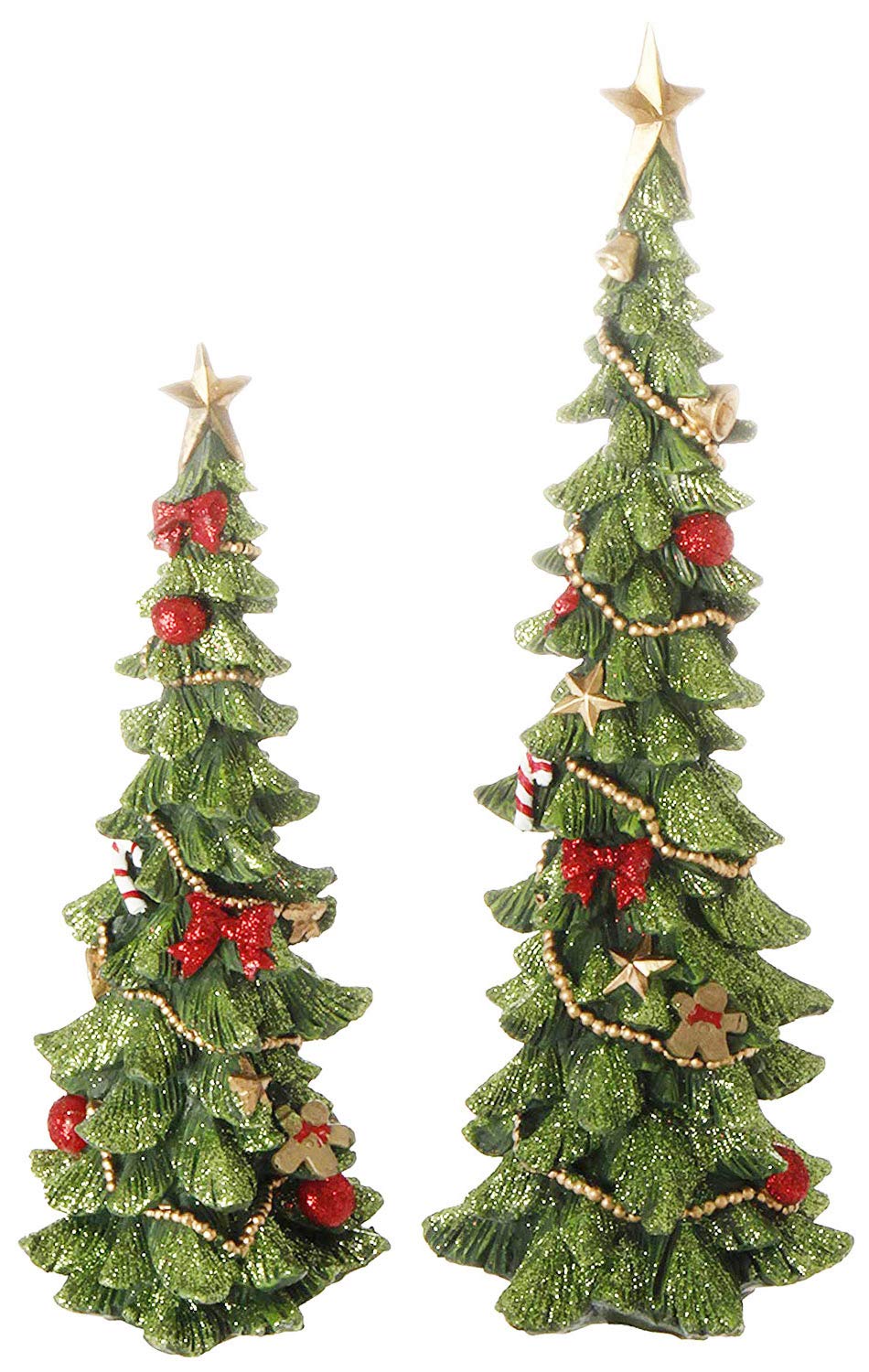 Decorated Christmas Tree Figurines in Glittered Green, Red and Gold -12 Inches and 9 inches high