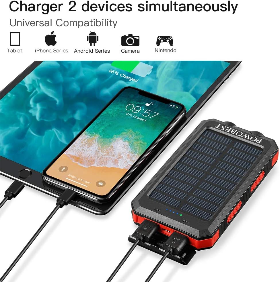 Solar Cell Phone Charger 10000mAh, POWOBEST Waterproof Solar Power Bank with Dual USB, External Backup Battery Pack for Smartphones, Portable Solar Panels with Flashlight & Compass: Home Audio & Theater