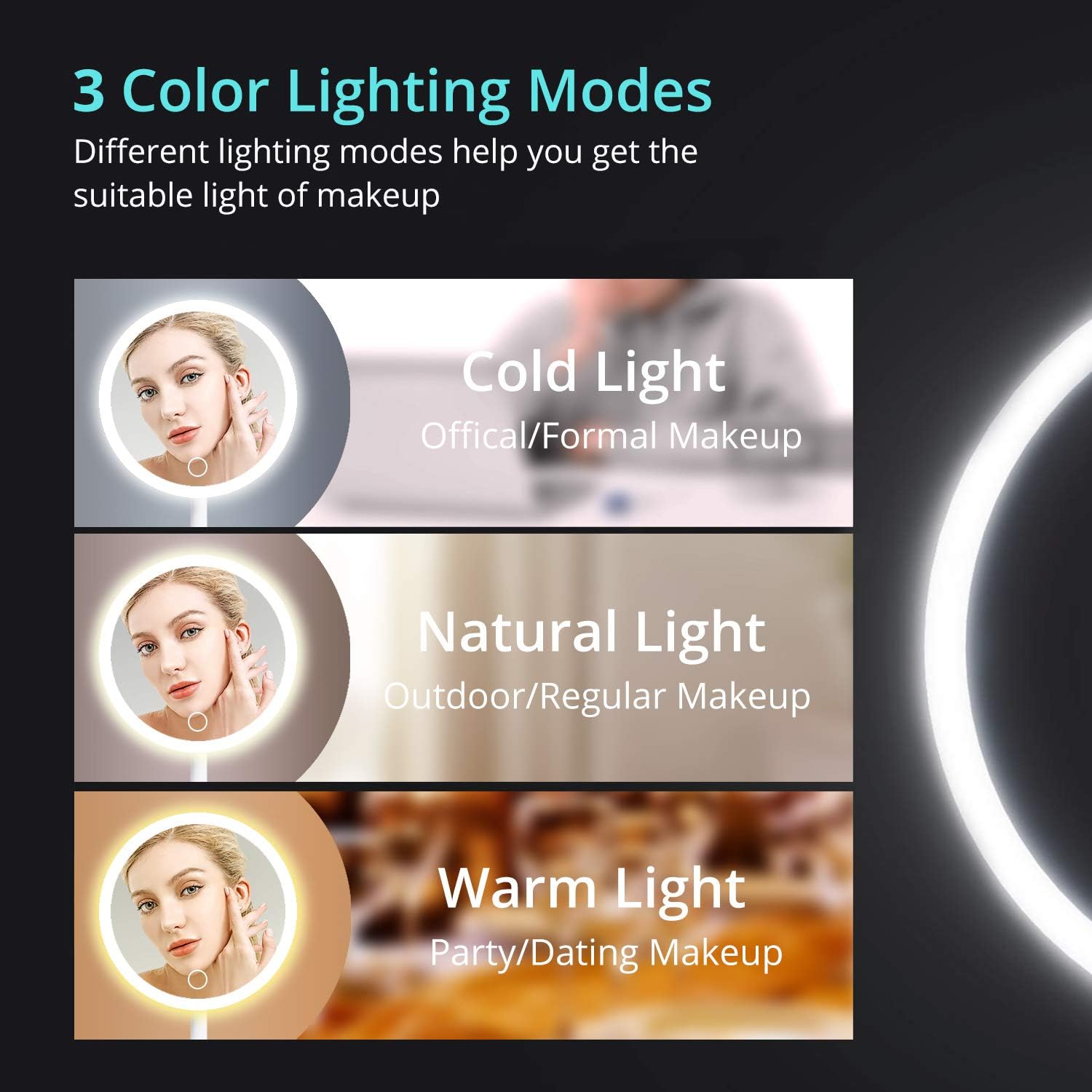 Personal Lighted Makeup Mirror with Lights - Fabuday Rechargeable Led Round Mirror with 3 Color Lighting Modes, Light Up Mirror with 10X Magnification, Lighting Adjustable Desk Mirror with Storage -
