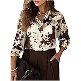 GORGLITTER Women's Cow Print Santin Blouses Long Sleeve Button Down Collared Shirts Dressy Casual Work Business Outfits