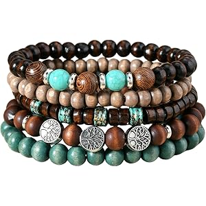 hurifeng Tree of Life Beaded Bracelets Set for Women, 5PCS Boho Stackable Wood Bead Stretch Jewelry with Turquoise, Adjustabl