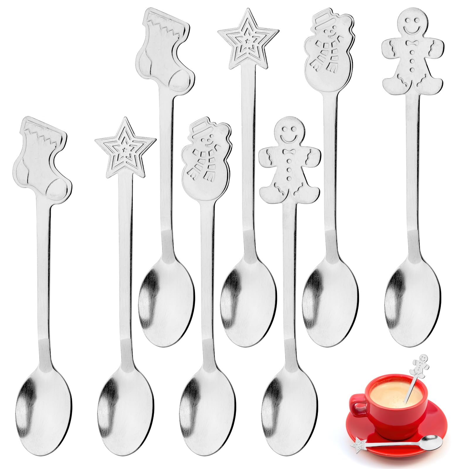 Tea Spoons, 8 Pcs Christmas Spoons, Stainless Steel Hot Chocolate Spoon, Christmas Tableware, Christmas Cutlery, Coffee Spoon for Xmas Gifts, Xmas Stocking Fillers Party - Silver