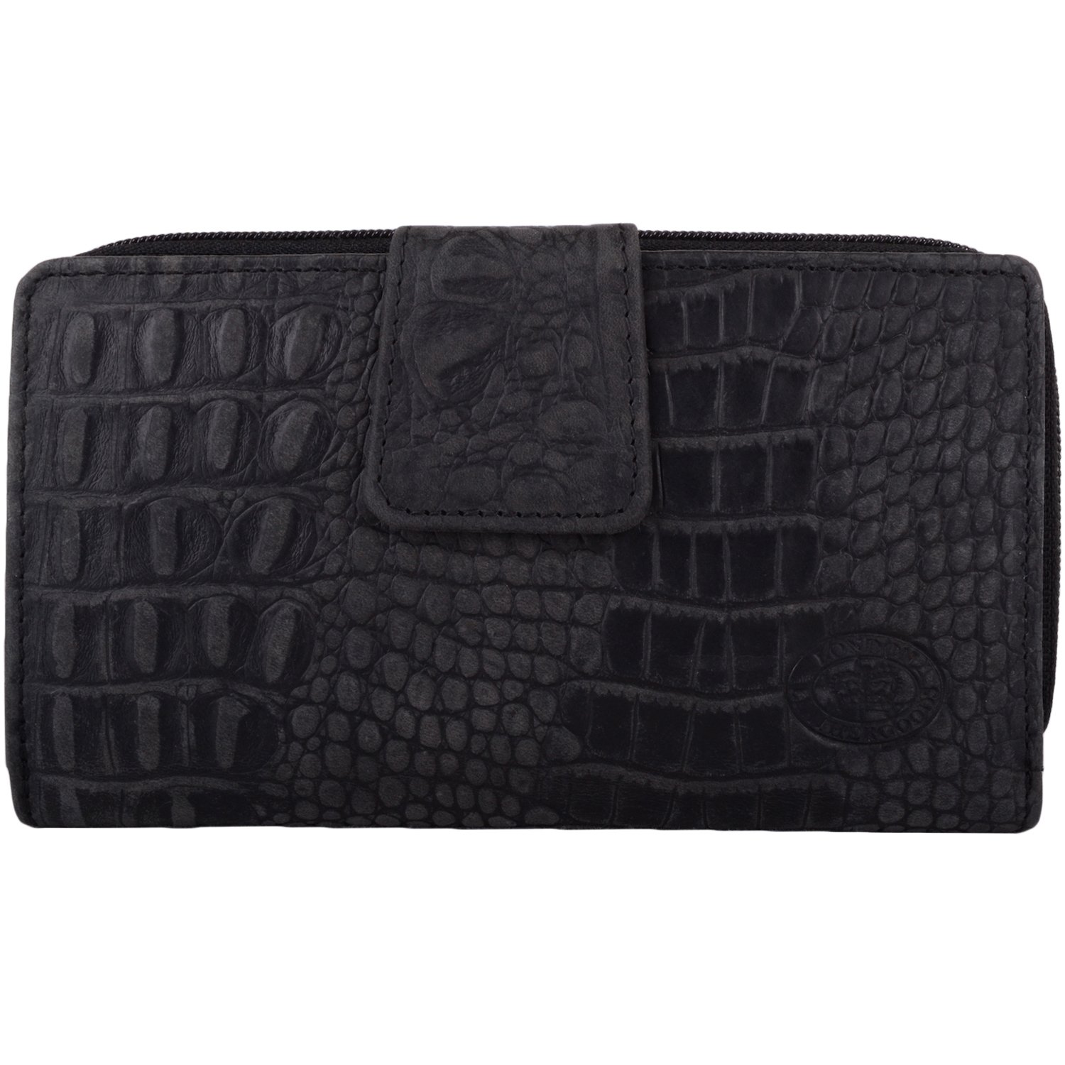 Womens Genuine Leather Bi-Fold RFID Protected Clutch/Matinee Purse with Croc Design - Black