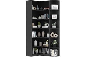 Loomie Black Book Shelf, 6 Tiers Shelf Large Tall Corner Etagere Bookcase with Full Baffle, L-Shaped Modern Storage Display Industrial Bookshelves for Bedroom, Home Office, Living Room & Kitchen,Black