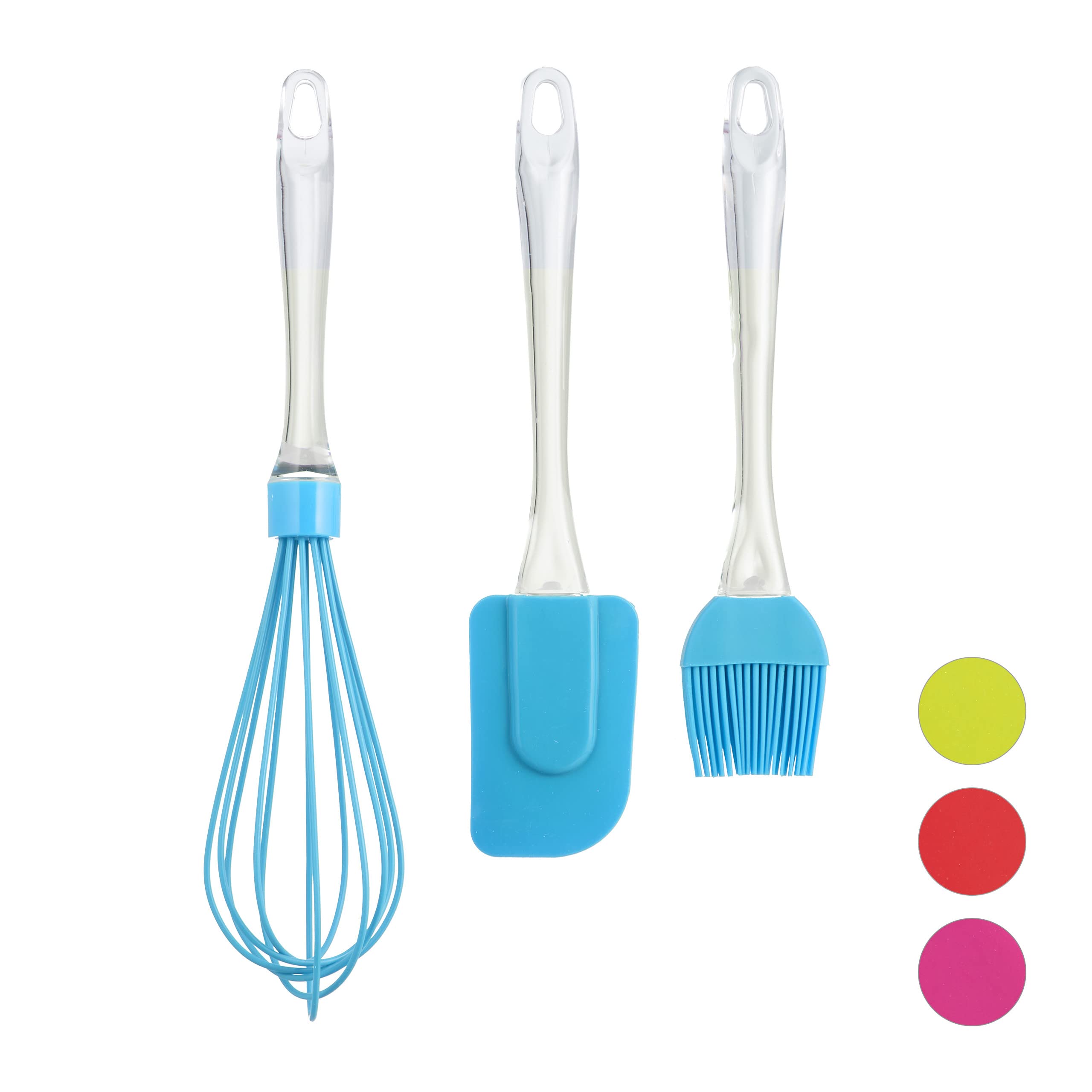 Relaxdays 10028014_45 3-Piece Baking Kit, Basting Brush, Dough Spatula & Whisk, Silicone Kitchen Utensils, Blue