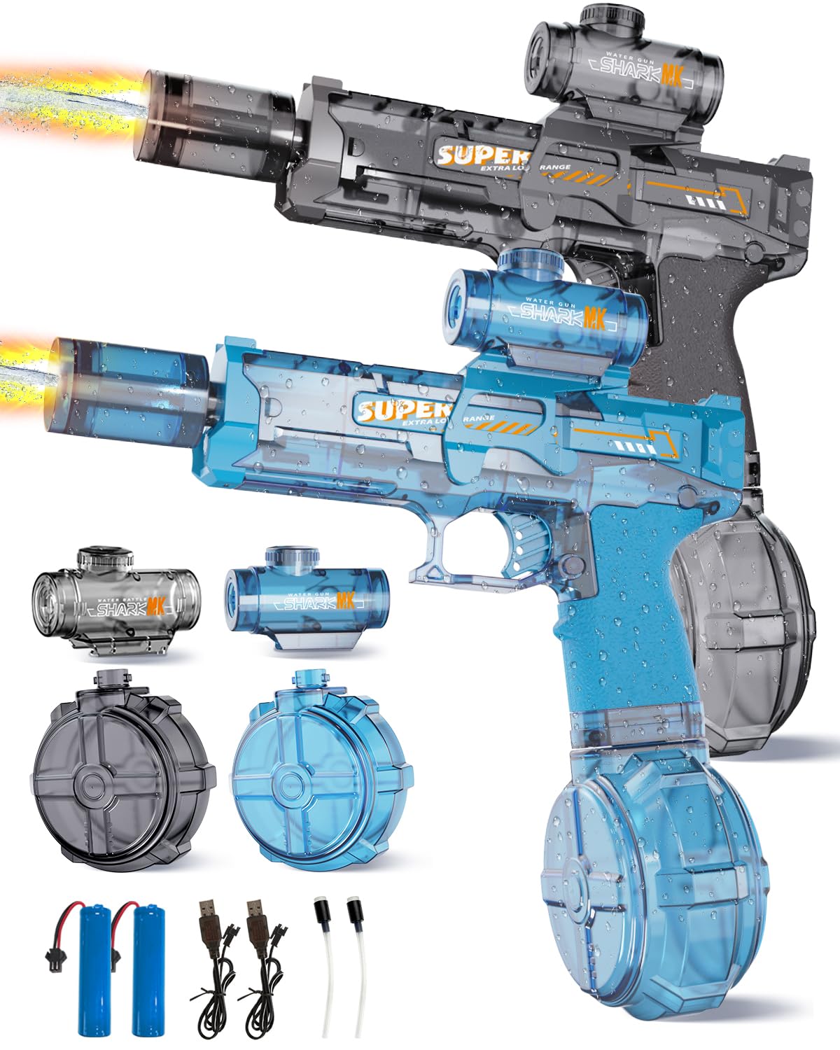 2pcs Electric Water Gun for Kids Adults,Automatic Squirt Gun with Flashing Muzzle, 26FT Range, Leak-Proof Rechargeable Water Blaster for Summer Pool Beach Water Fights (Black+Blue)