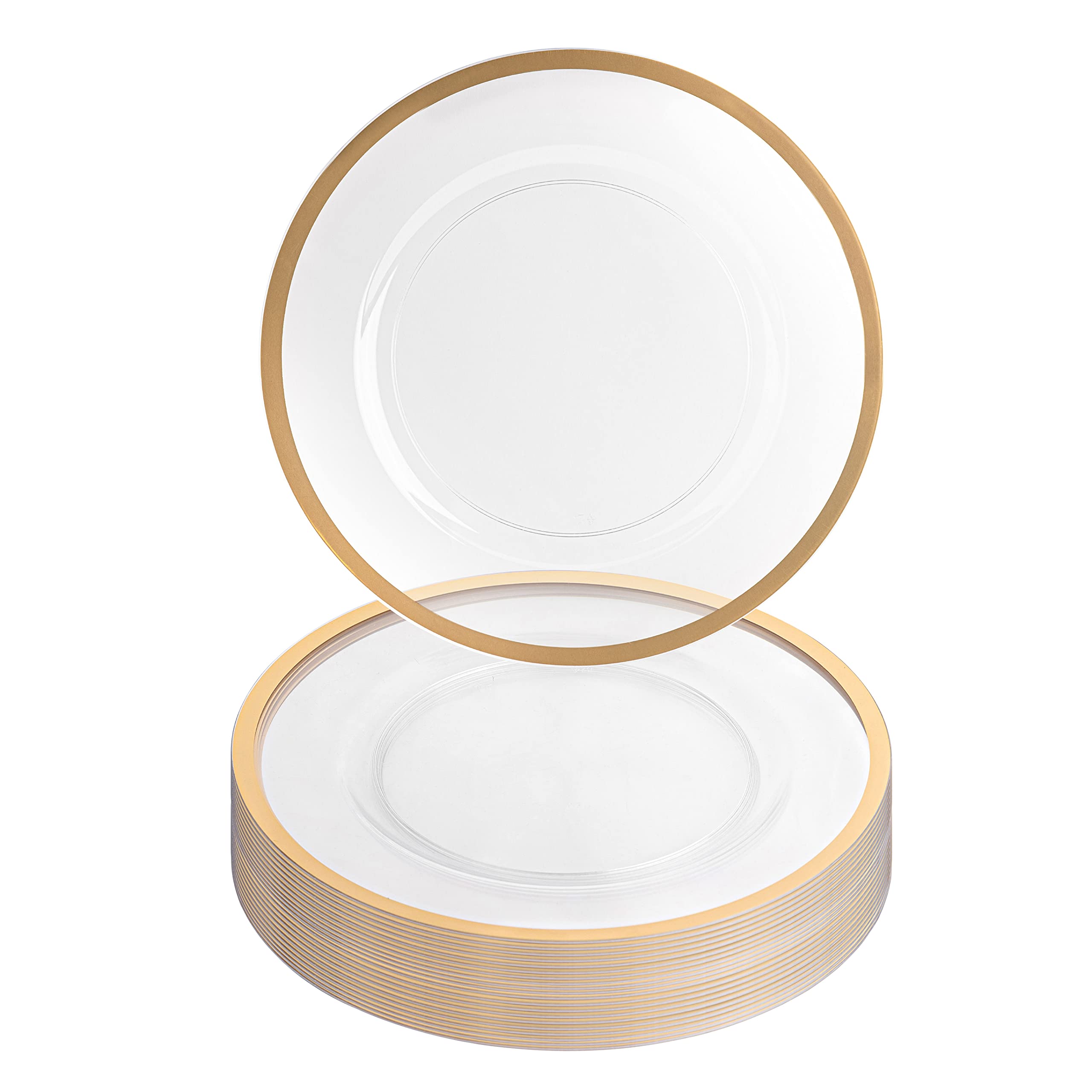 Photo 1 of PARTY BARGAINS 13-Inch Charger Plates - 16 Pack, Clear Gold Rim, Heavy-Duty Disposable Chargers for Elegant Dining - Ideal for Weddings and Formal Events