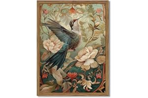 HWETUI Framed Vintage Hummingbird Wall Art, Floral Bird Wall Decor Paintings, 3D Sandstone Textured Nature Botanical Pictures Prints Aesthetic Home Decor for Living Room Bedroom Bathroom Office 16x24 inch