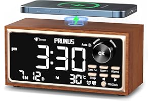 PRUNUS J-177 Retro Vintage Alarm Clock Radio with Fast Wireless Charging, Dual Alarms, Snooze, Sleep Aid, Large LED Display,Dimmer Control,Body Sensor,Auto-Dimming,Retro Clock for Bedroom【2024 Newest】