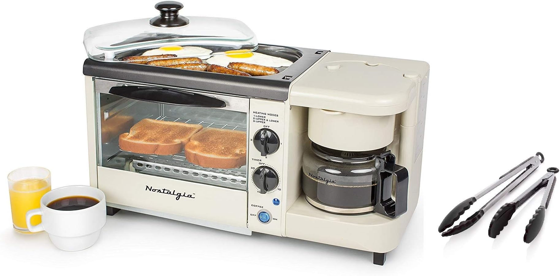 Nostalgia Bset100Bc 3-In-1 Toaster Ovens, 2 Slice, Bisque With Tongs