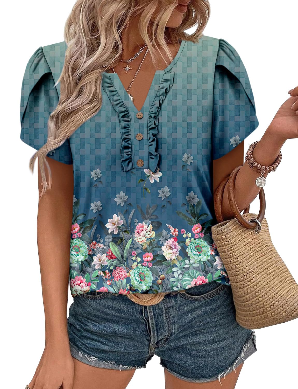 KISSMODA Women's Tunic Tops Casual V Neck Short