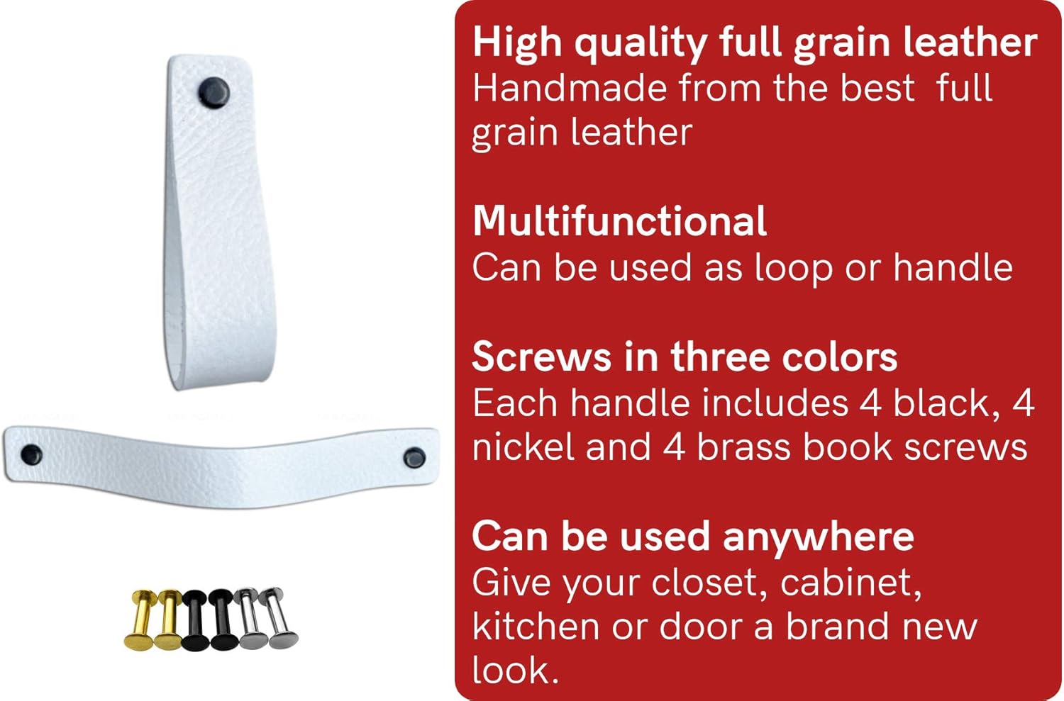 Brute Strength, Leather Handles for Furniture, White, 4 pcs, 20 x 2,5 cm, Cabinet Handle, Door Handle for Kitchen Bathroom - Image 3