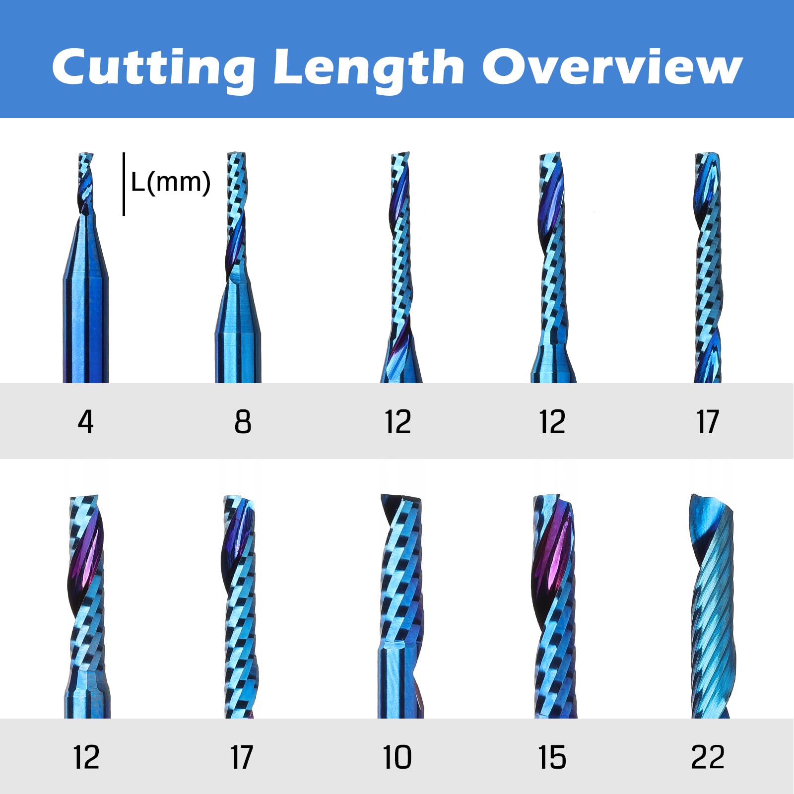 1/8 Inch Shank 10pcs Carbide Spiral O Flute (Single Flute) End Mill CNC Router Bits, Solid Nano Blue Coat, for Woodworking Cutting Carving Wood Acrylic PVC PCB MDF, OS10A