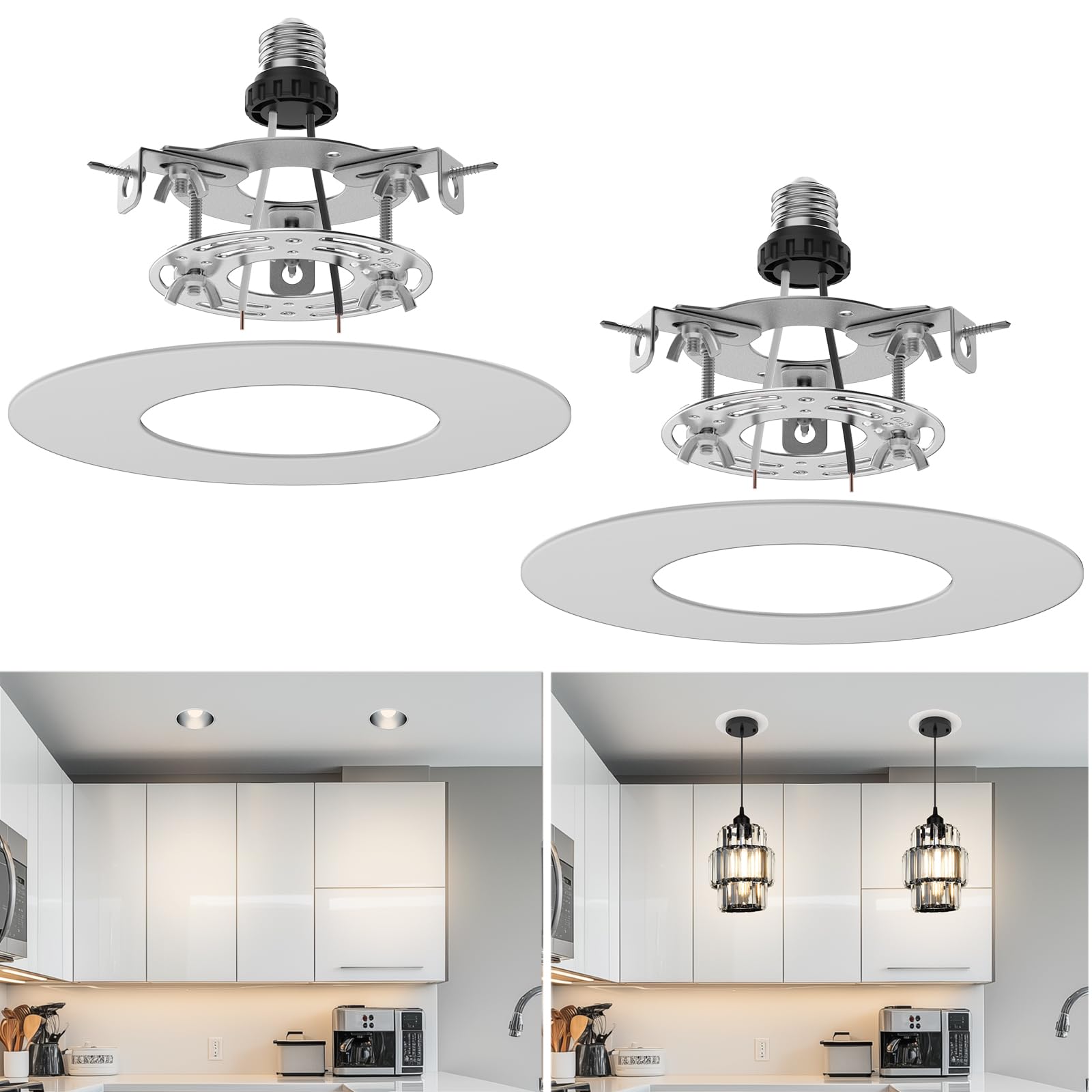 Photo 1 of *MISSING FLAT STEEL MEDALLION* tebio Recessed Can Light Conversion Kit for R5 and 6 Ceiling Fixtures - Pendant/Hanging Light Upgrade, Compatible with Ceiling Fans, Includes 7¾" Flat Steel Medallion, White Finish,2 Pack