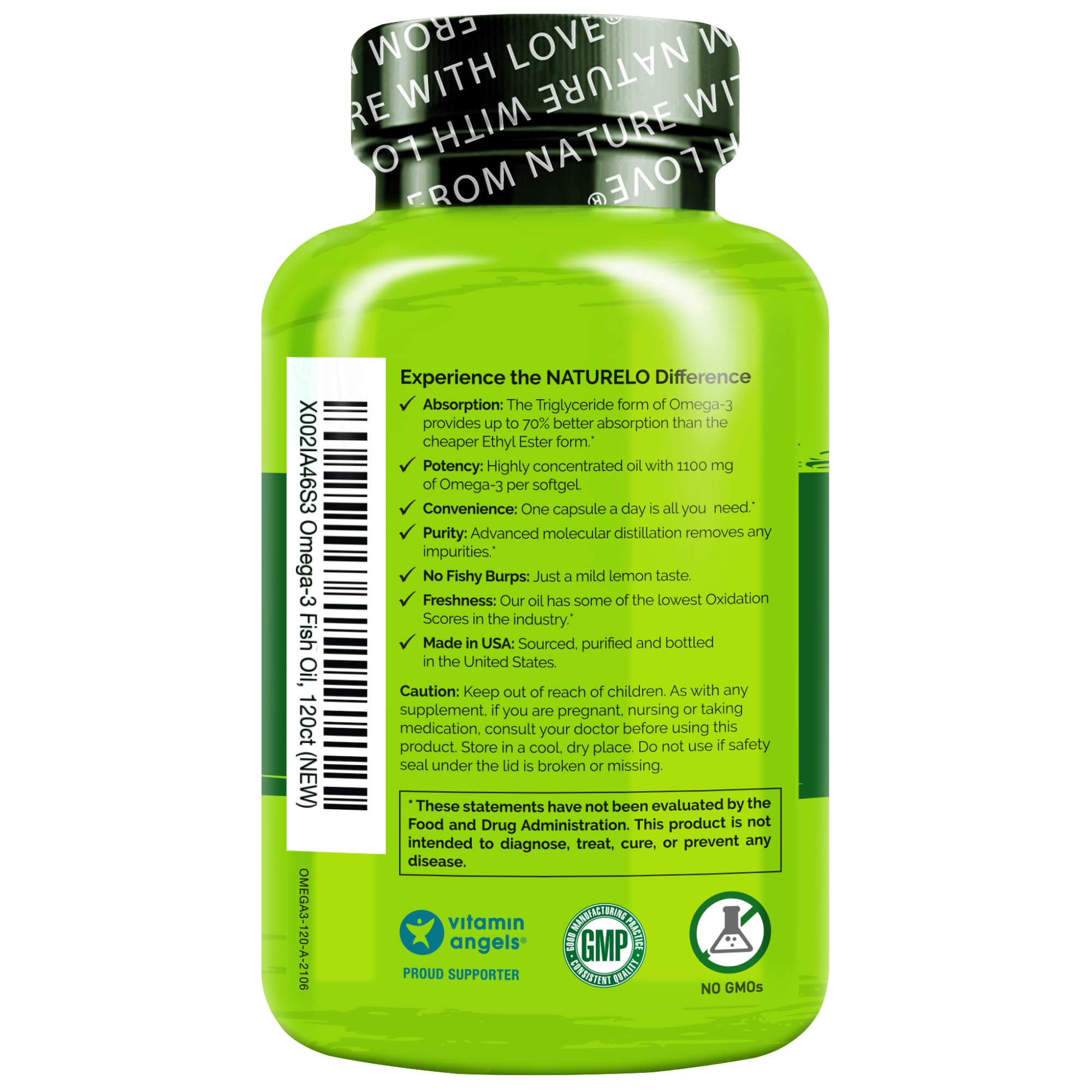 NATURELO Burpless Omega 3 Fish Oil Supplement - 1100mg Triglyceride Omega-3, EPA + DHA, Liquid Fish Oil for Heart, Eye, Brain, Joint Health - 120 Softgels, 4 Months Supply