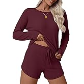 Anyhold Womens Waffle Knit Pajama Sets Lounge Sets Long Sleeve Top and Shorts Loungewear 2 Piece with Pockets