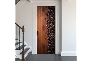 Door Stickers Peel and Stick Door Mural Coffee Beans Spread Rustic Wooden Surface Coffee Lovers Removable Wallpaper 30.3''x78