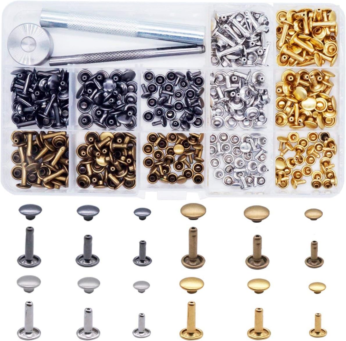 QWORK Leder-Nieten-Set – 180 Stück, Größen 12/8/6mm, In Silber, Gold, Bronze | Mit Nietenzange & Lochzange | DIY-Vintage-Look