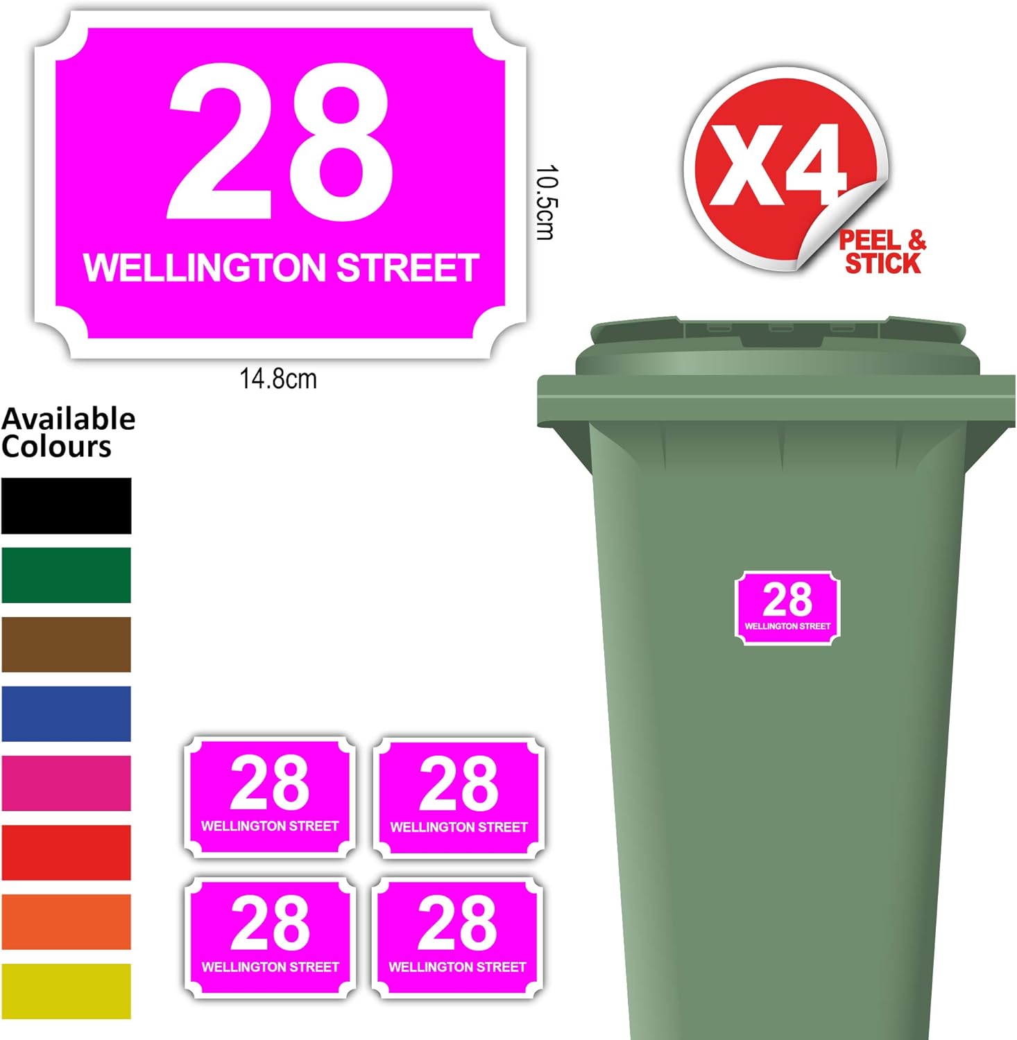 Pack of 4 Personalised Printed Wheelie Bin Number Stickers with House