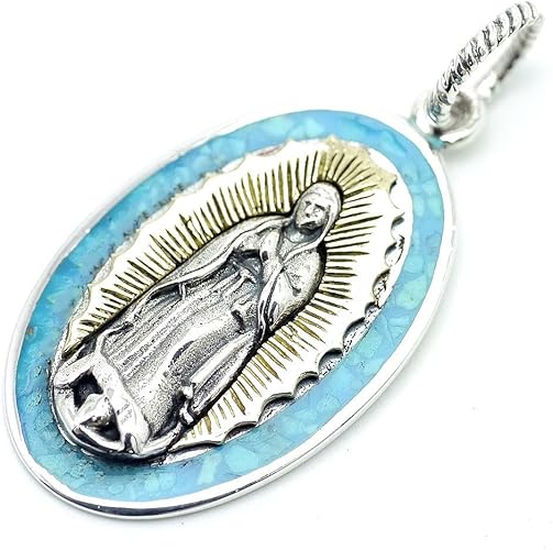 Amazon シルバーワン シルバー925 グアダルーペの聖母 マリア ターコイズ ペンダントトップ ネックレス メンズ Bo 金ゴールド 青ブルー ネックレス 通販