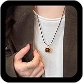 Ximdble Vintage Brown Square Pendant Necklace Tiger Eye Stone Necklace Square Tiger Eye Choker Necklace Brown Leather Suede Choker Necklace Jewelry for Women