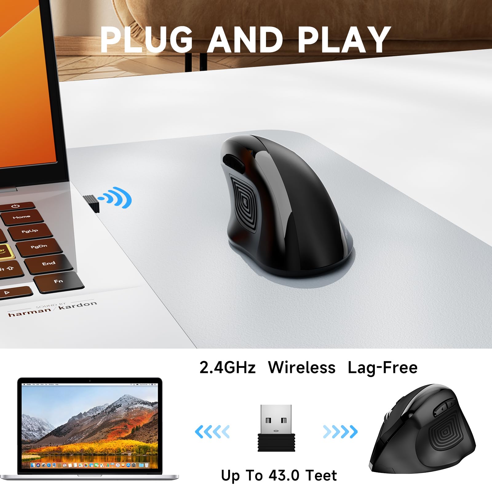 memzuoix Wireless Ergonomic Mouse,Upgraded 2.4G Optical Cordless Mice with 800/1200/1600 DPI,Vertical Computer Wireless Mouse for Laptop,Mac,PC,Desktop (for Right Hand,Large)-Black