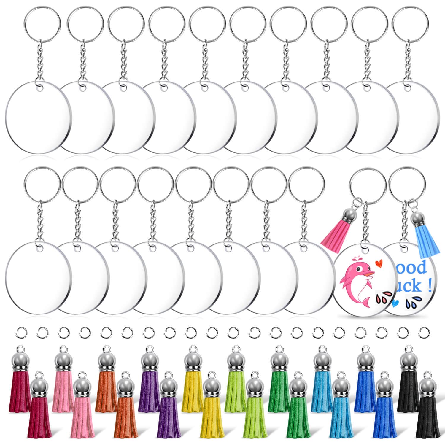 Acrylic Keychain Blanks, Shynek 100 Pieces Keychain Hardware Accessories for Craft Kit with Acrylic Blanks, Key Rings, Tassels and Jump Rings for Vinyl Projects DIY Keychains