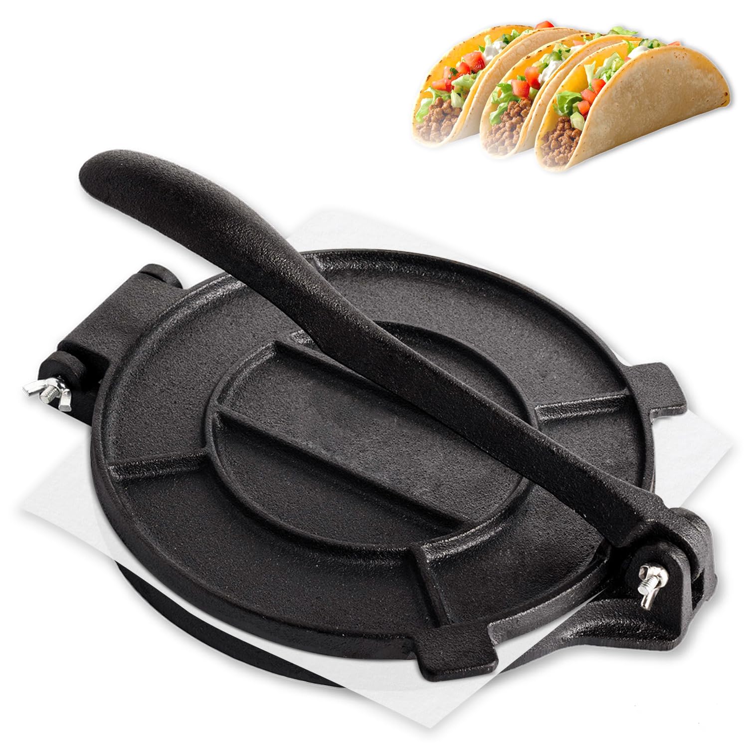 Photo 1 of Cast Iron Tortilla Press 12 inch, Heavy Duty Tortilla Pataconera, Flour Tortilla Press with Foldable Handle, Taco press with Some Parchment Paper, Roti Maker, Black