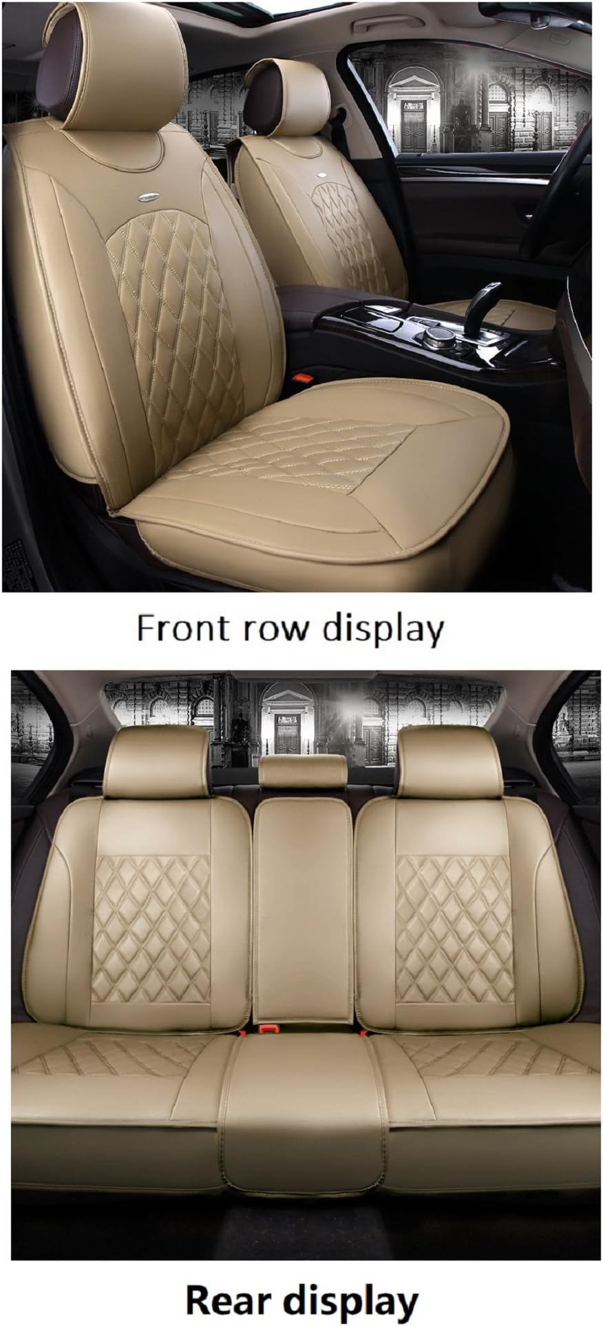 JOJOHU Luxury PU Leather Auto Car Seat Covers 5 Seats Full Set Universal Fit (Beige)