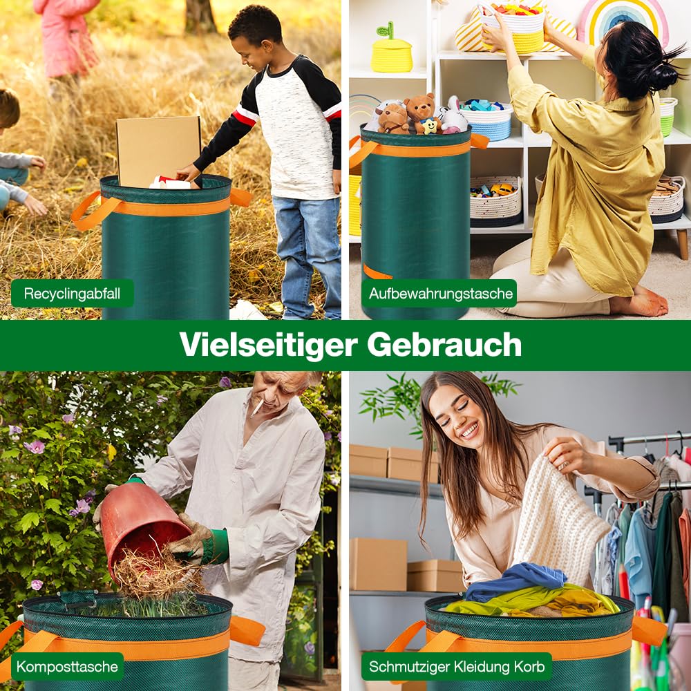 Eurhomewit 3 Gartenabfallsack 272L Laubsack Gartensack mit Deckel und Griffen, Groß Stabile Gartensäcke Laubsammler, Selbststehend Abfallsack Stabil Grünschnittsäcke für Gras Laub Hecke Gartenabfall 7