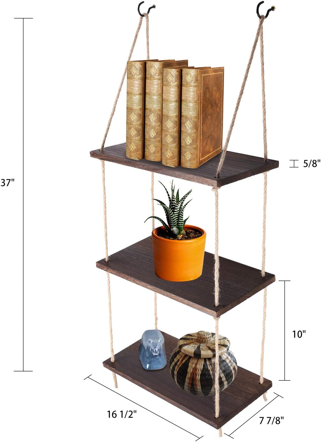 TJ.MOREE Wall Hanging Rope Shelf Wood Hanging Plant Shelves, 3 Tier Window Shelf Home Decor Storage Shelves for Interior Window/Kitchen/Bathroom/Bedroom (Dark Brown): Kitchen & Dining