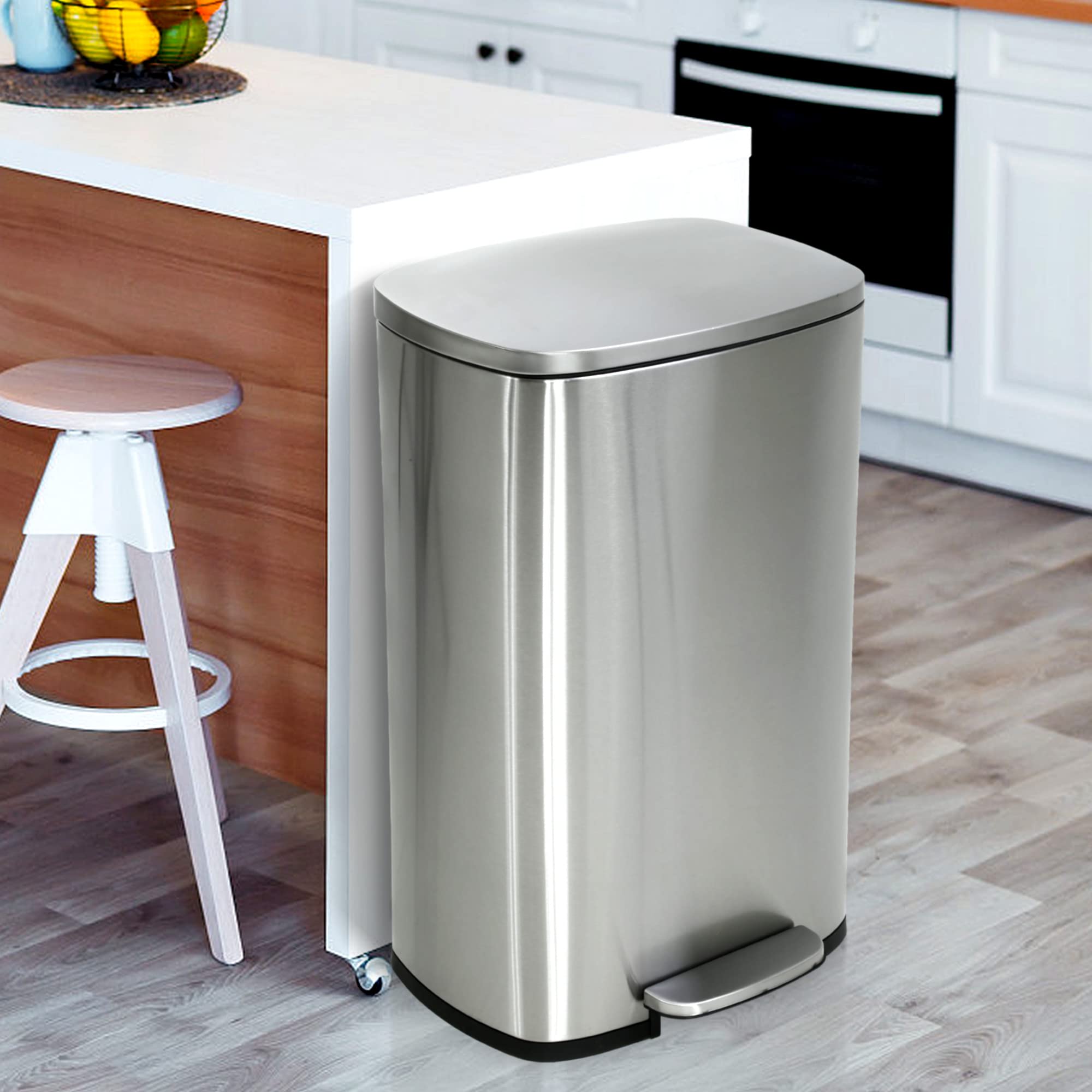 Photo 1 of 13 Gallon Trash Can, Brushed Stainless Steel Kitchen Trash Can with Soft-close Lid, Fingerprint-resistant Kitchen Garbage Can with Foot Pedal and Inner Bucket, Odor Proof Garbage Can, Silver