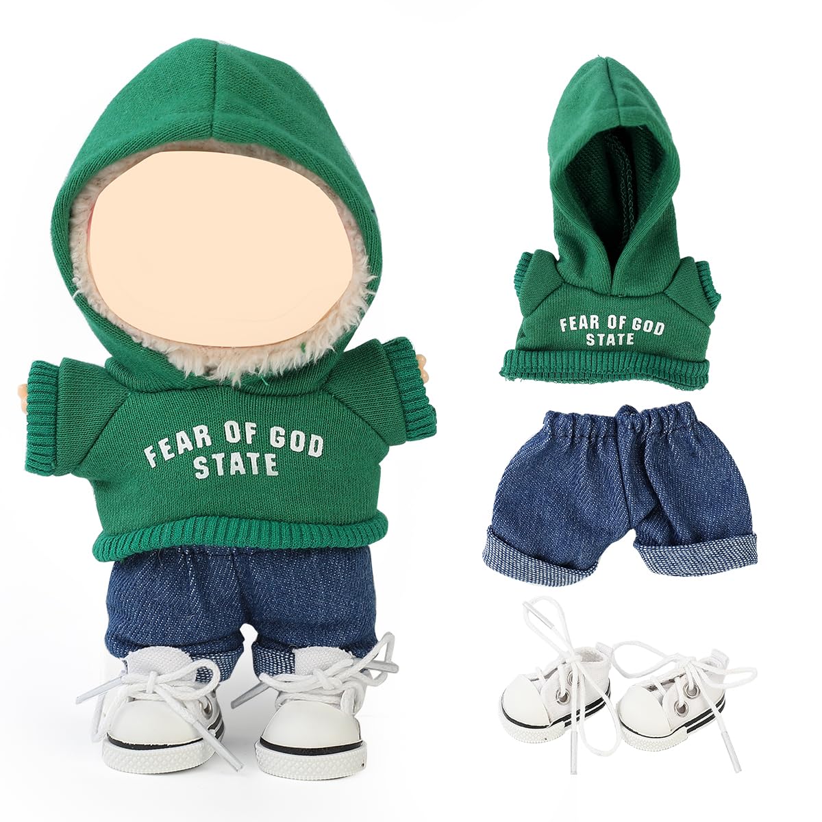 LEWOTE Clothes Set Compatible for Labubu Doll, Hat Suit Ornaments Accessories Set for 17cm/6.7inch Doll (Green Hoodie/Jeans/Canvas Shoes)