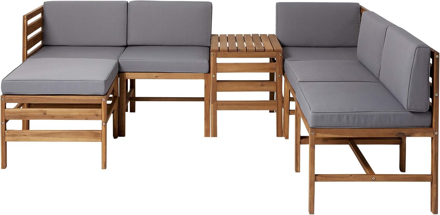 Walker Edison Raya Modern 7 Piece Modular Solid Acacia Wood Patio Set, Set of 7, Brown : Garden & Outdoor