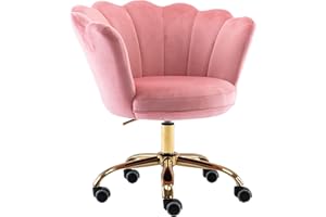 ZOBIDO Comfy Home Office Task Chair with Wheels, Cute Modern Upholstered Velvet Seashell Back Adjustable Swivel Vanity Desk Chair, for Women, for Girls, Living Room(Peach Pink)