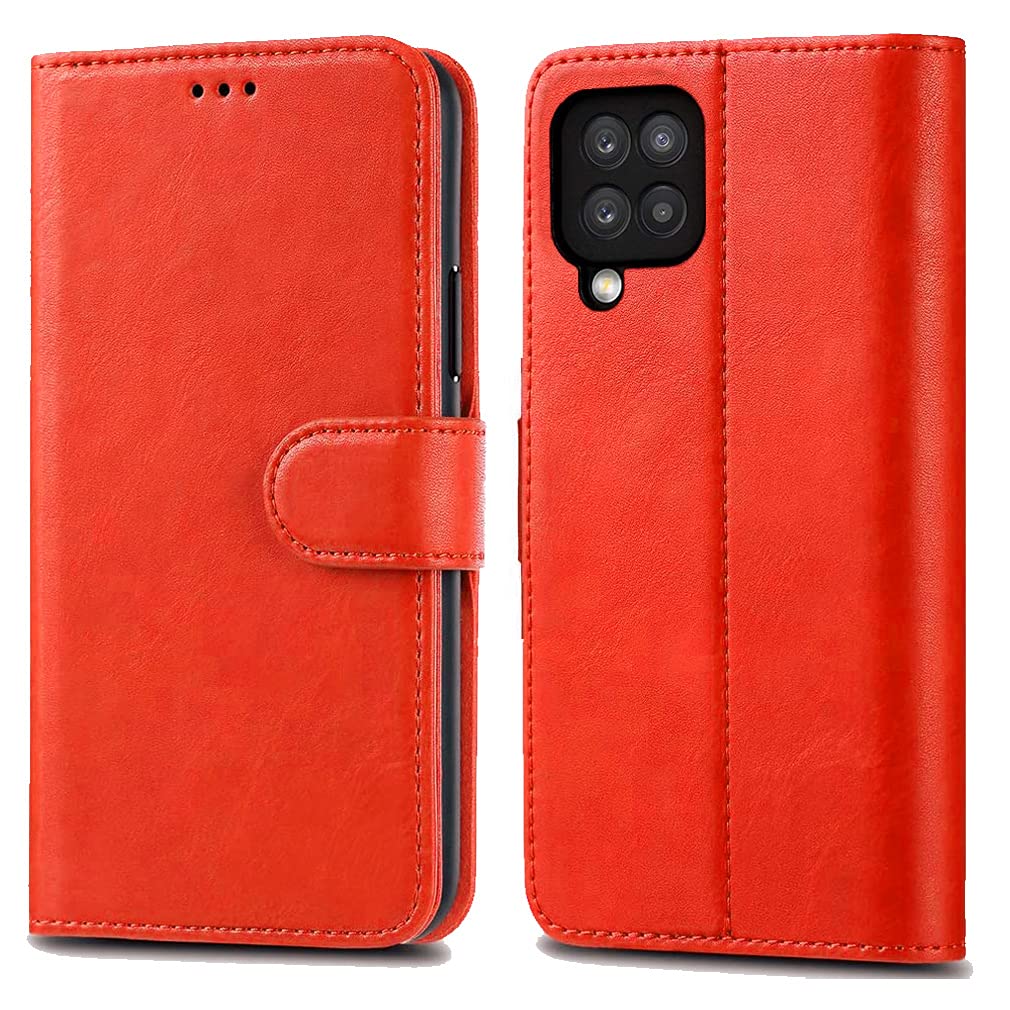 GAPlus Samsung Galaxy A12 Leather Case - Premium Wallet Case Leather Flip Cover For Samsung Galaxy A12 [Card Holder] [Magnetic Closure] (Red)