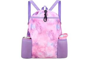 RHCPFOVR Galaxy Swim Bag for Girls - Drawstring Backpack for Kids Swim Bag for Beach Swimming Pool Lightweight Draw String Bags Waterproof Sports Gym Bag With Two Water Bottle Holder