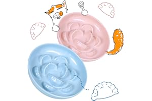 FULLCHARM 2 Pcs Cat Slow Feeder Bowl for Dry & Wet Food - Unbreakable Melamine Cat Food Plates for Slow Eating - Cute Kitten Bowl - Whisker Friendly & Dishwasher Safe & Non Slip Design (Blue + Pink)