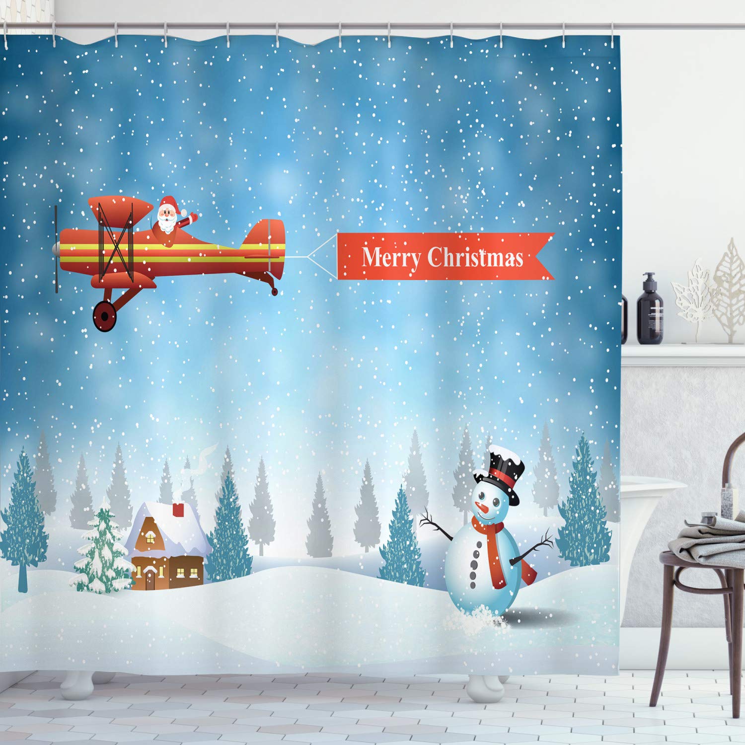 ABAKUHAUS Christmas Shower Curtain, Santa in a Plane Flying over the Forest with Snowman Jolly Season Celebration, Cloth Fabric Bathroom Decor Set with Hooks, 175 x 200 cm, Blue Orange