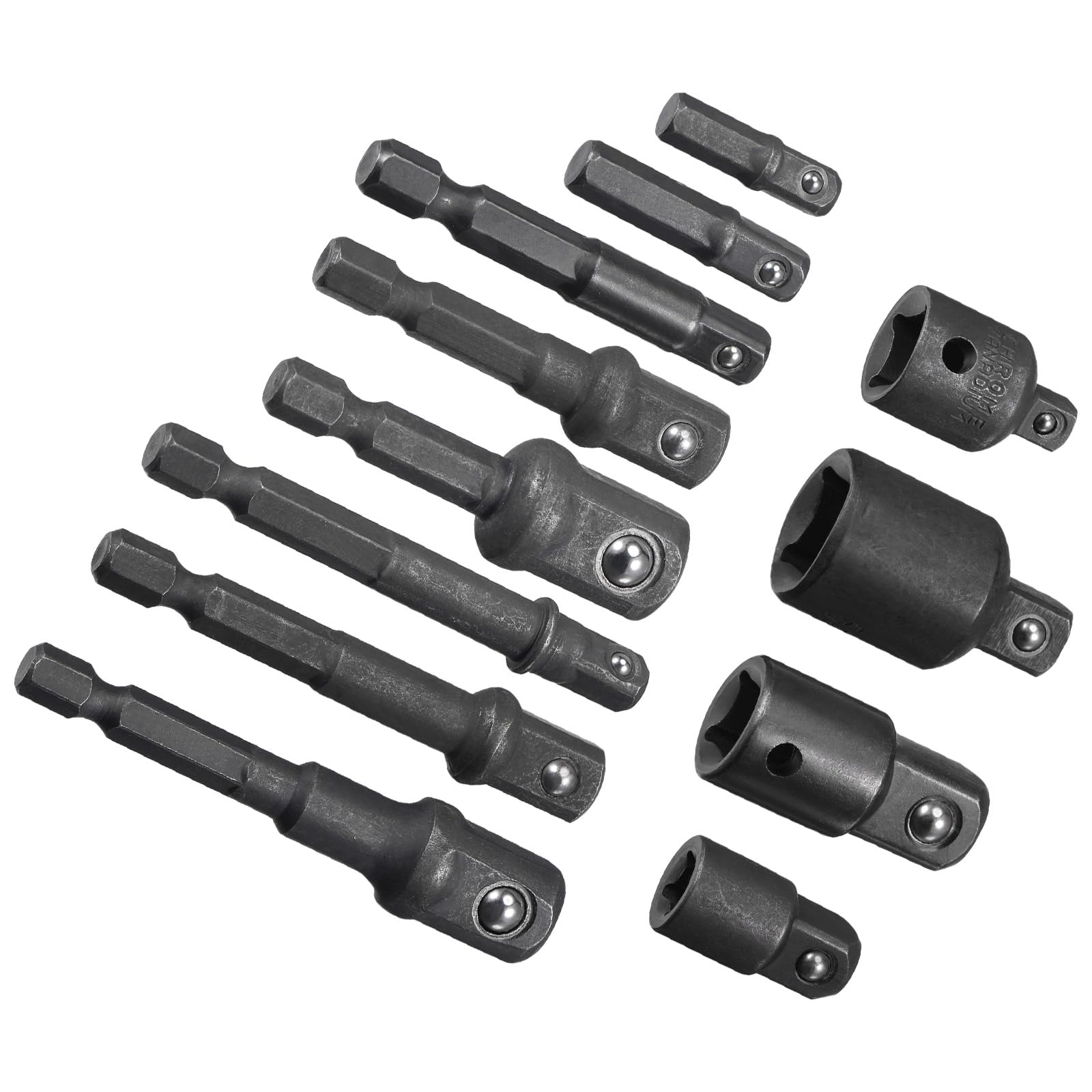 CoCud Impact Grade Socket Adapter Set, 1/4" Hex Shank 1/4", 3/8" and 1/2" Drive, CR-V Extension Bit Adapter Reducer Set - (Applications: for Automotive Repair), 1-Set(12-Pieces)