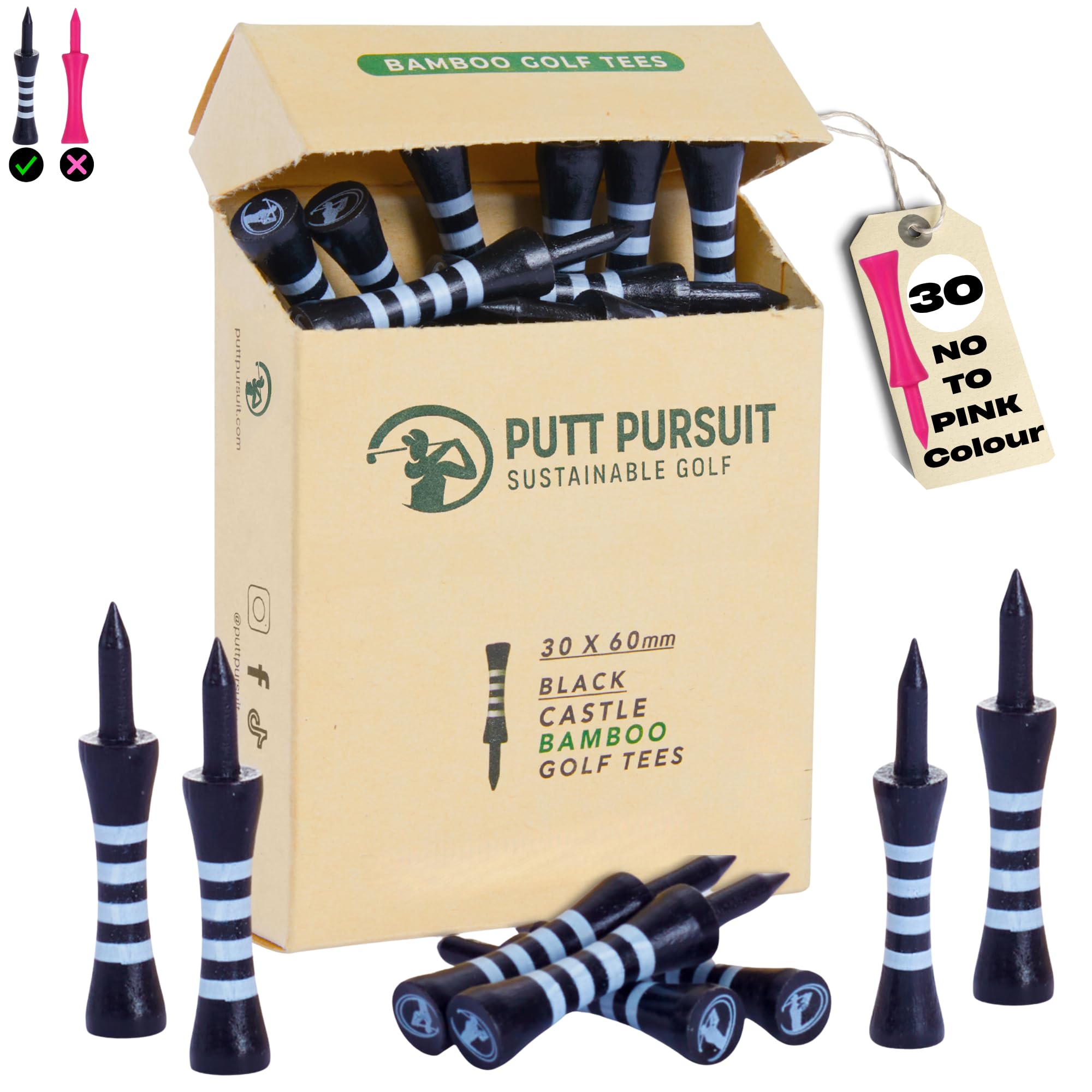 Putt Pursuit 6cm/ 60mm Castle Bamboo Golf Tees - Biodegradable & Sustainable Golf Tees Bamboo Material - Golf Accessories - Golf Tees Wooden - 30 Non Plastic Golf Tees - Black Colour Tee