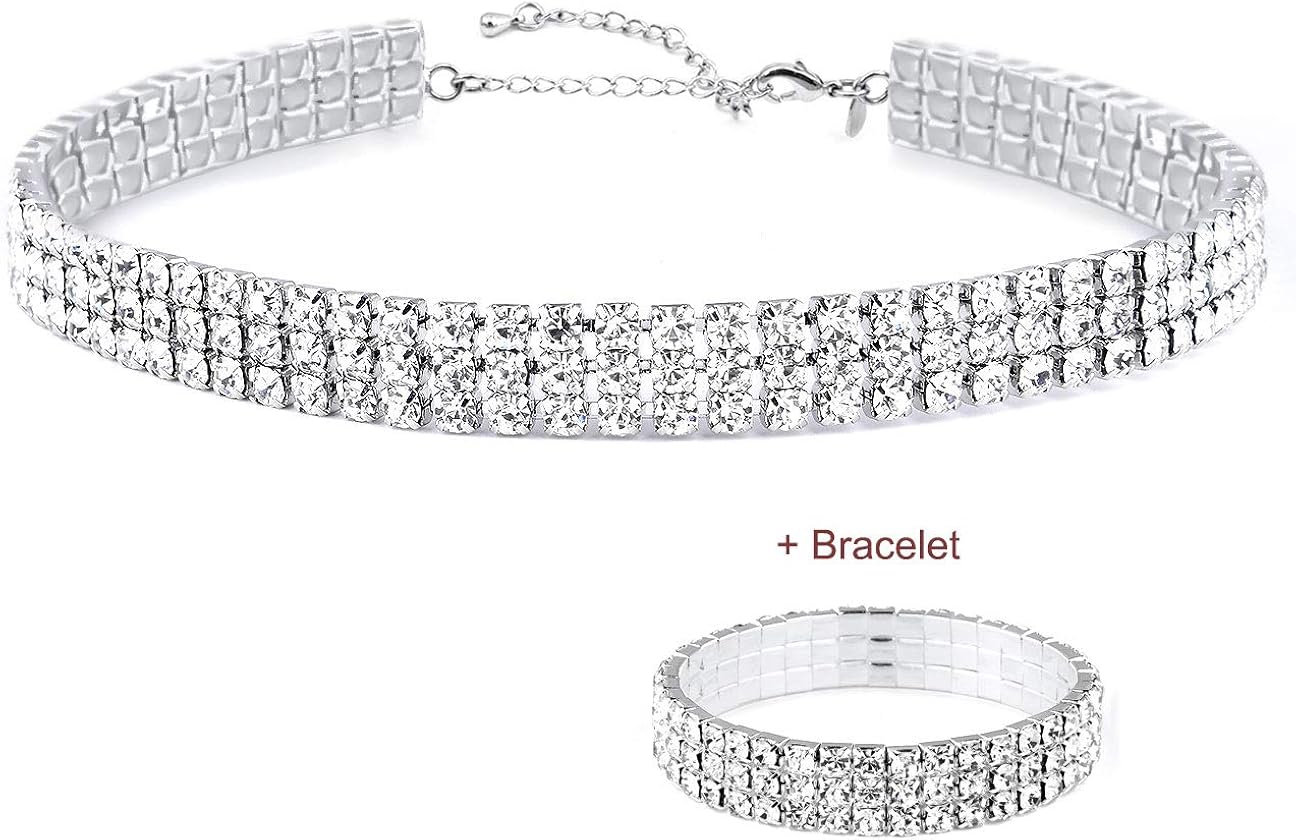 Zealmer Women 3 Row Clear Rhinestone Choker Necklace Silver Tone: Jewelry