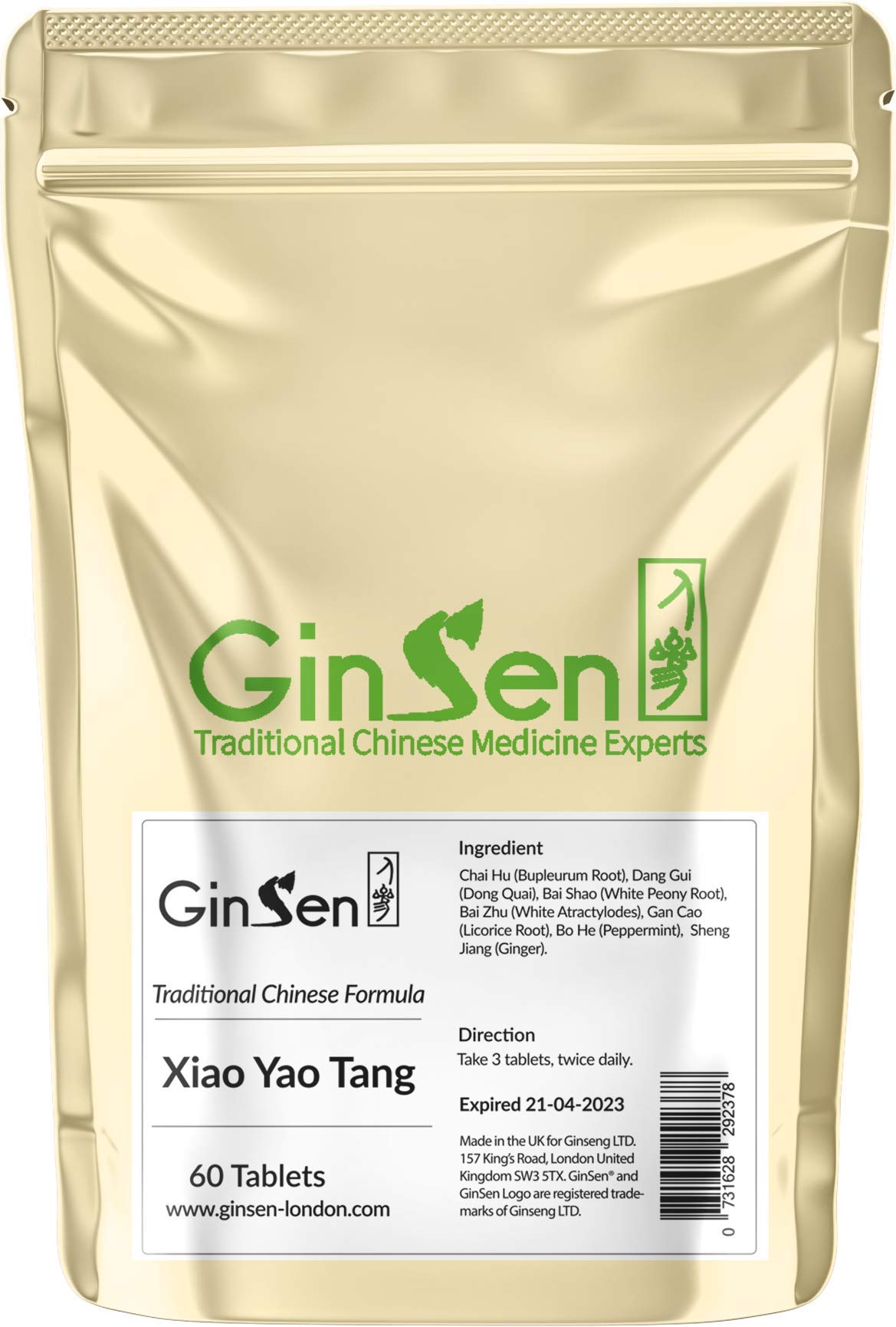 GinSen Xiao Yao Tang Helps with Anxiety, Stress Relief, Panic Relief, PMS, Headache, Natural Supplement, Chinese Medicine, Made in UK (60 Tablets)
