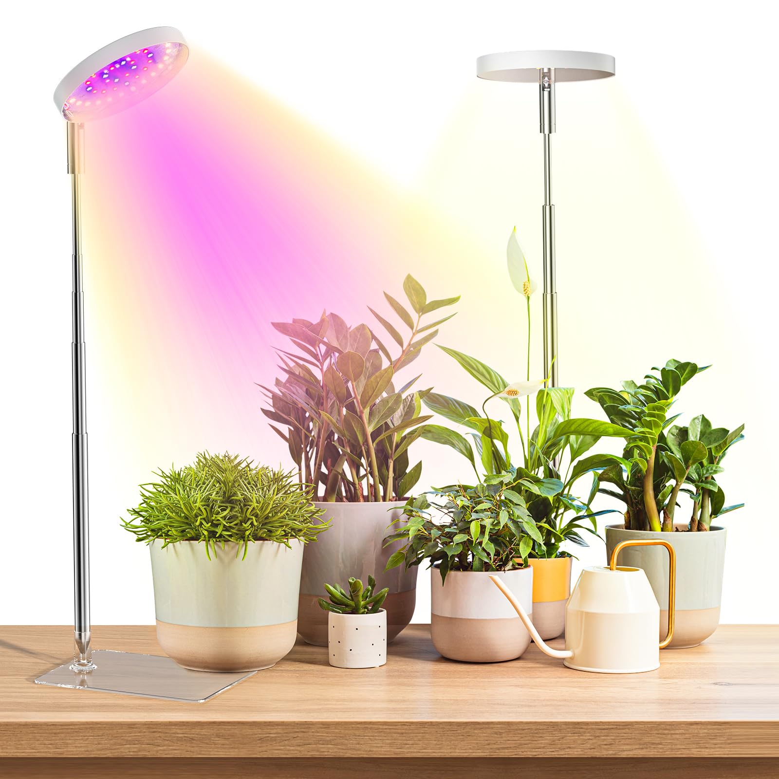 YUYMIKA Grow Lights for Indoor Plants Full Spectrum, 48 LEDs Plant Grow Light with Detachable Base, 3 Optional Spectrums, Height Adjustable, 3/9/12Hrs, 10 Brightness (White-2 Pack)