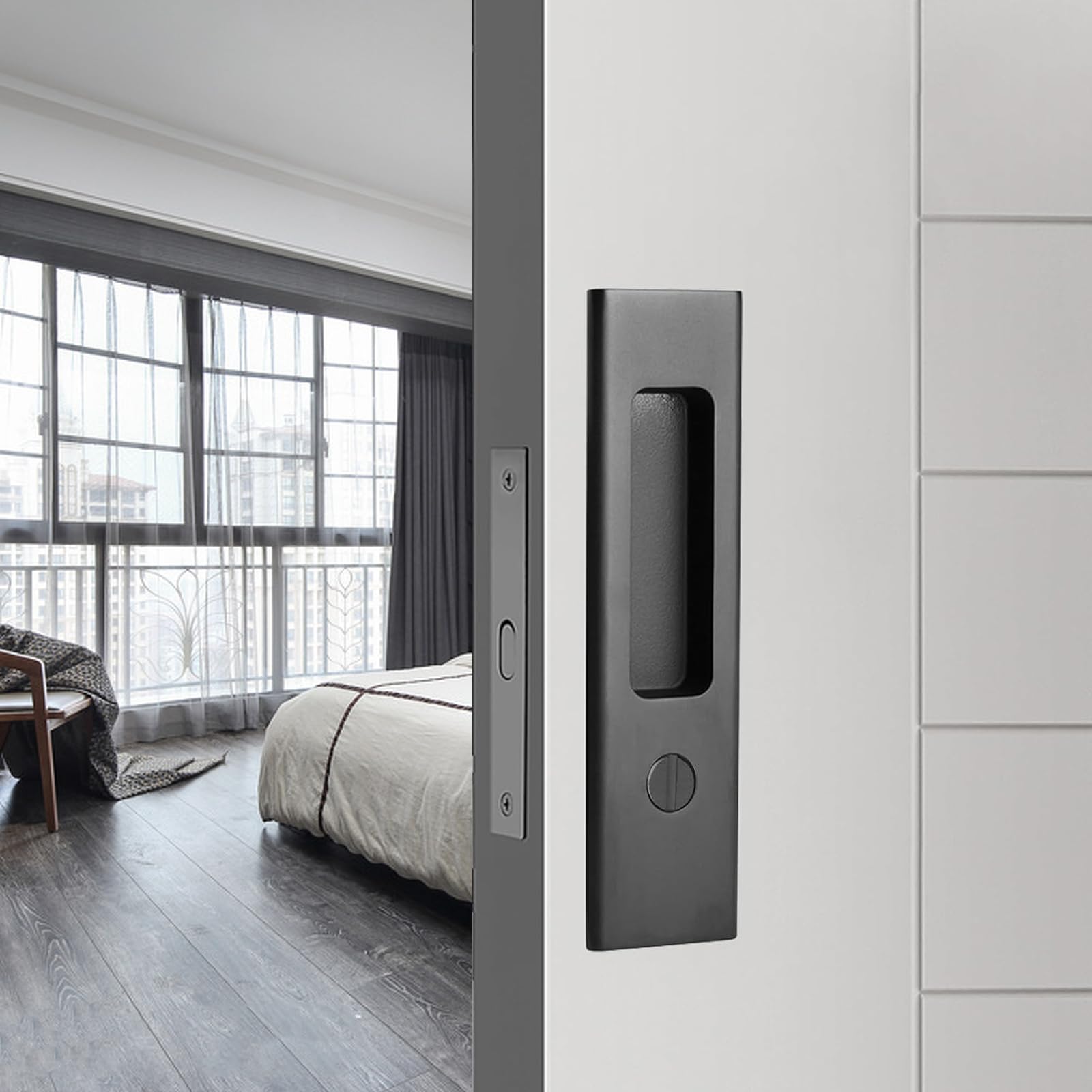 Betensh Pocket Door Lock Keyless Sliding Door Lock Handle Set Invisible Door Handle Set,160mm Black — image 1