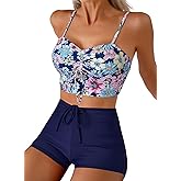 Herseas High Waisted Bikini Sets for Women Floral Print Two Piece Tummy Control Swimsuits Drawstring Short Bathing Suit