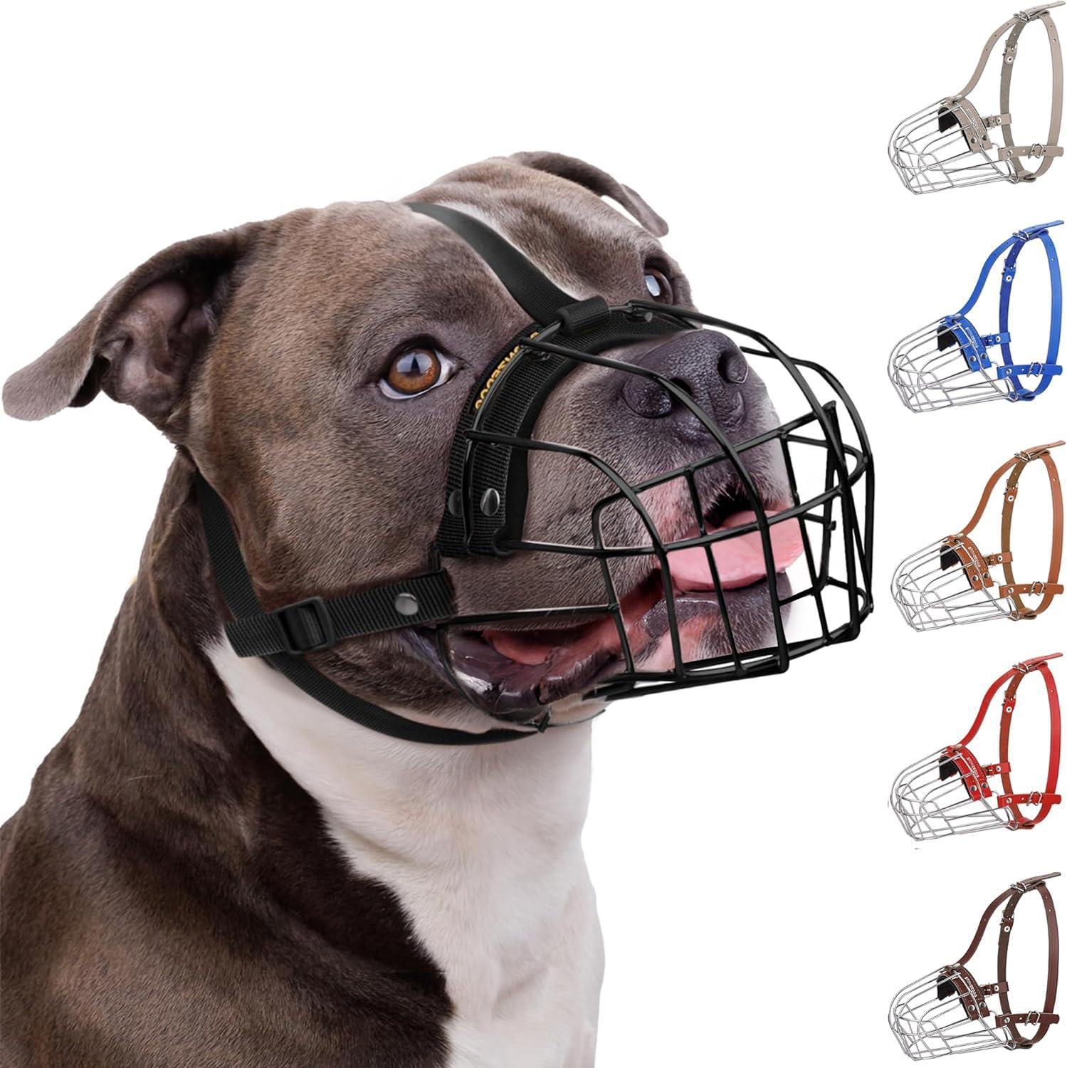 BRONZEDOG Pitbull Dog Muzzle Metal Mask Amstaff Wire Basket Pit Bull Adjustable Nylon Straps for Large Dogs