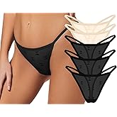 FEOYA Sheer Mesh Thongs for Women Sexy Heart Print G String Panties Low Waist Underwear