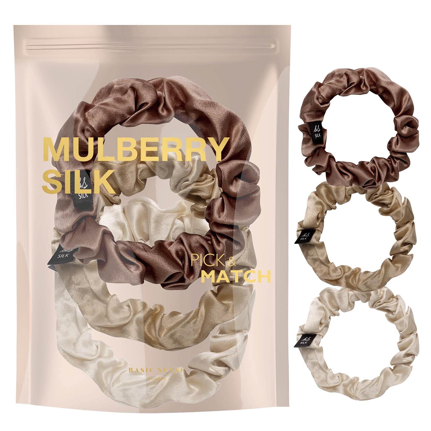 Basic Sense 3 PCS Pure Mulberry Silk Scrunchies for Women | Skinny Elastic Hair Ties | Gentle Hair Bands & Ponytail Holders, Brown Tone Assort
