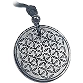 LWQCHW Shungite Pendant 35mm – Natural Crystal Necklace with Flower of Life Engraving – Round Polished Stone Amulet with Adjustable Cord for Men and Women